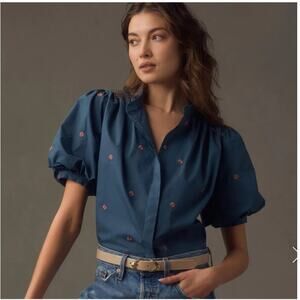 Mare Mare Anthropologie Women XS Puff-Sleeve Embroidered Blouse Dainty Coquette